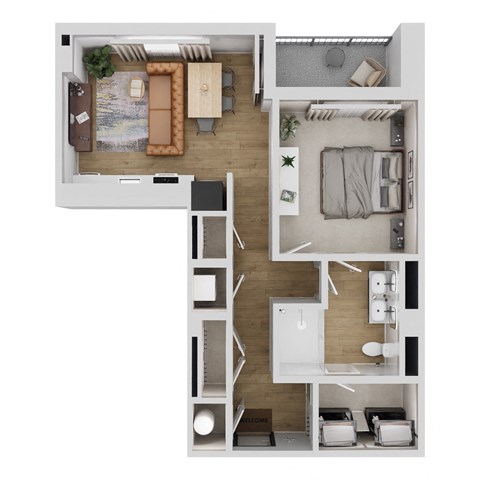A floor plan of a small apartment with two bedrooms, a living room, a kitchen, and a bathroom.